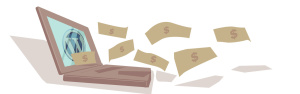 laptop with wordpress logo with money flying out